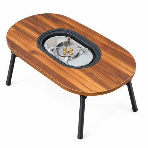 🔥 Camping Fire Pit Table | Wood Grain Aluminum | Outdoor Gathering | Campers & Families | Modern Tea Brewing Center