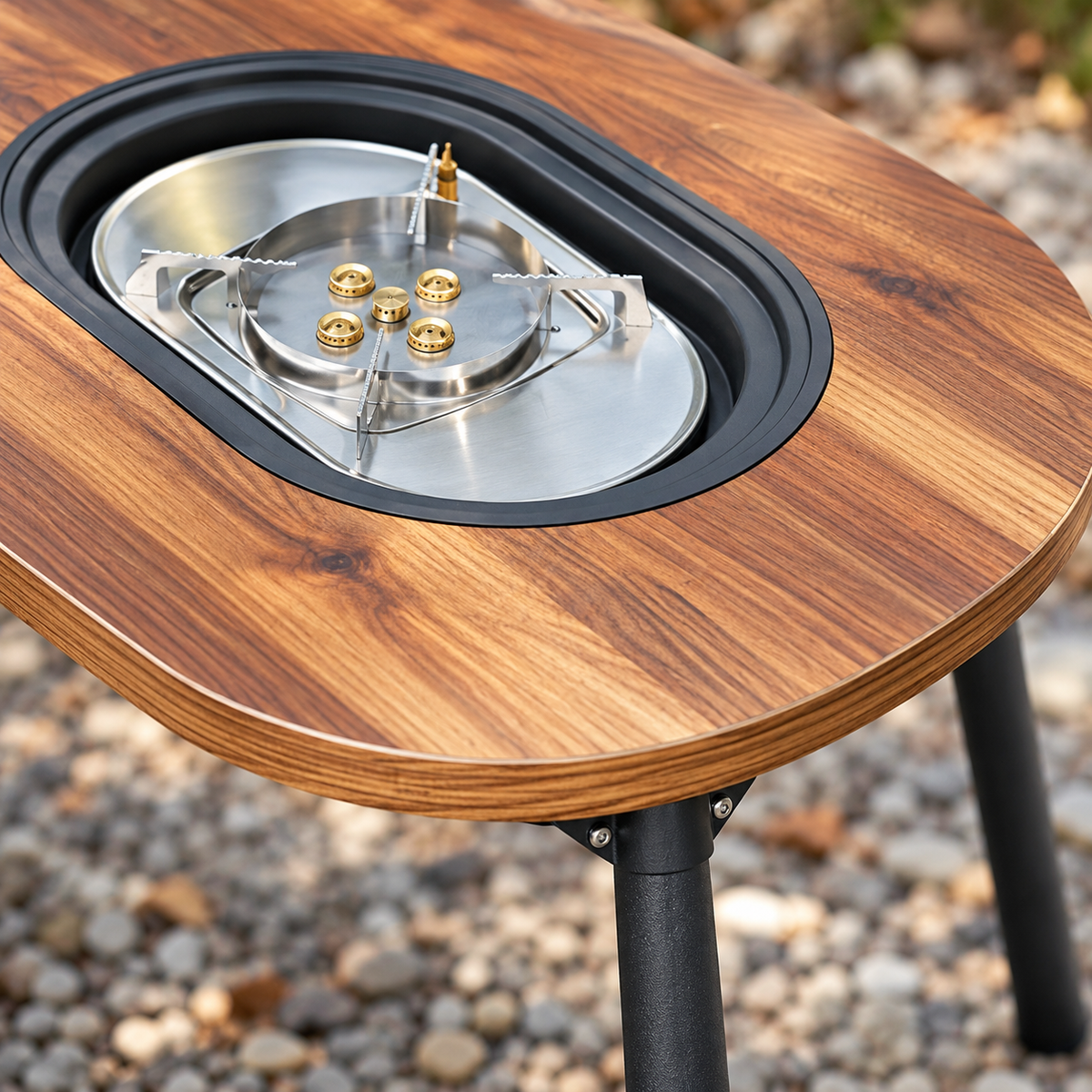 🔥 Camping Fire Pit Table | Wood Grain Aluminum | Outdoor Gathering | Campers & Families | Modern Tea Brewing Center