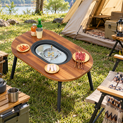🔥 Camping Fire Pit Table | Wood Grain Aluminum | Outdoor Gathering | Campers & Families | Modern Tea Brewing Center