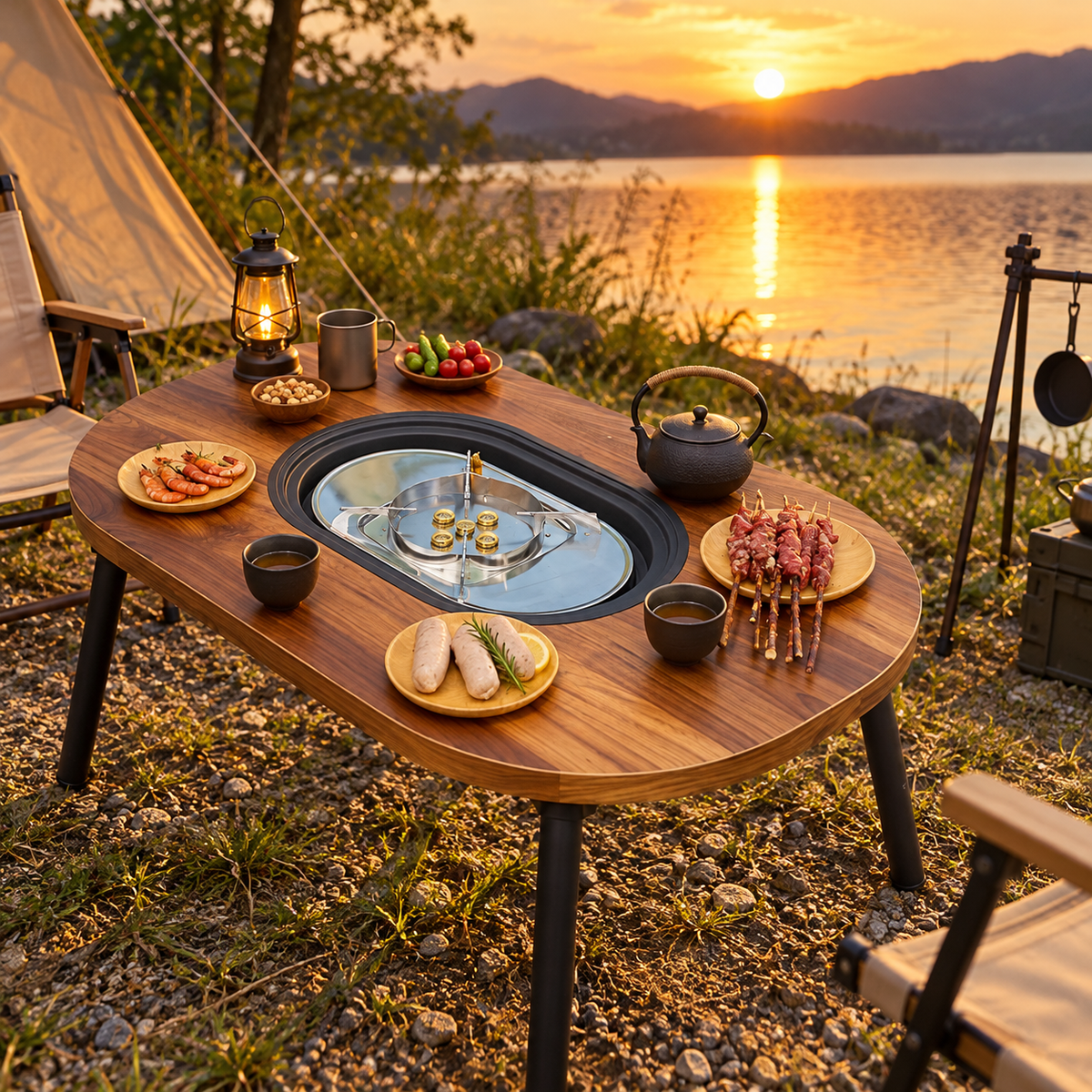 🔥 Camping Fire Pit Table | Wood Grain Aluminum | Outdoor Gathering | Campers & Families | Modern Tea Brewing Center