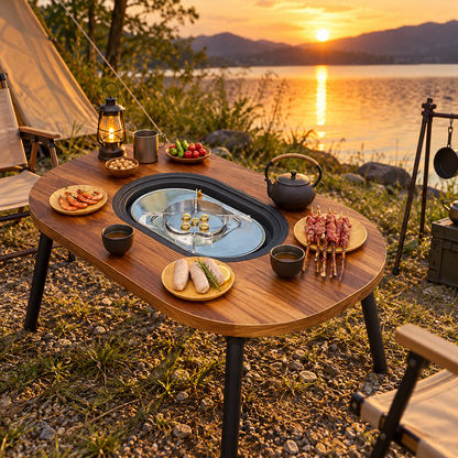🔥 Camping Fire Pit Table | Wood Grain Aluminum | Outdoor Gathering | Campers & Families | Modern Tea Brewing Center