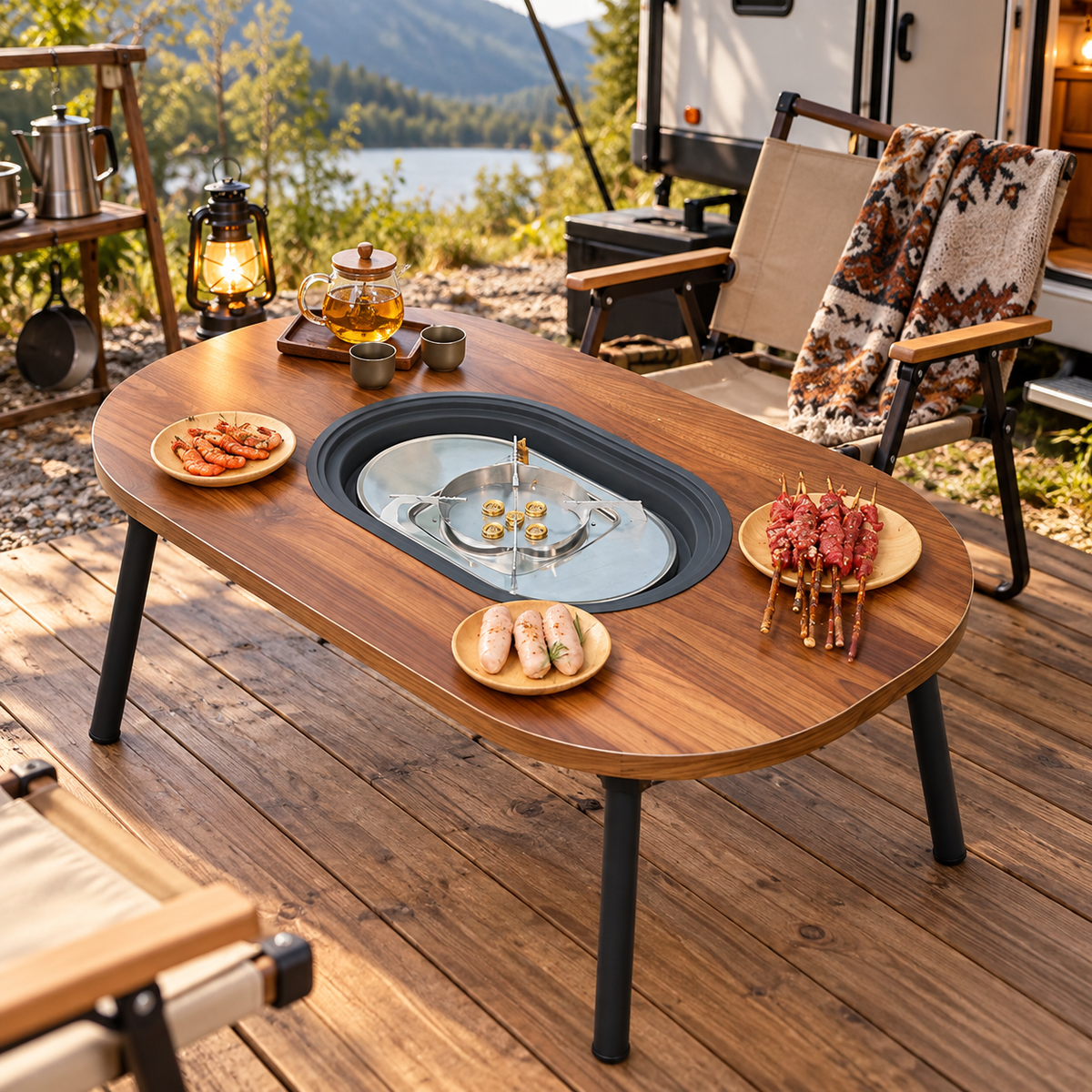 🔥 Camping Fire Pit Table | Wood Grain Aluminum | Outdoor Gathering | Campers & Families | Modern Tea Brewing Center