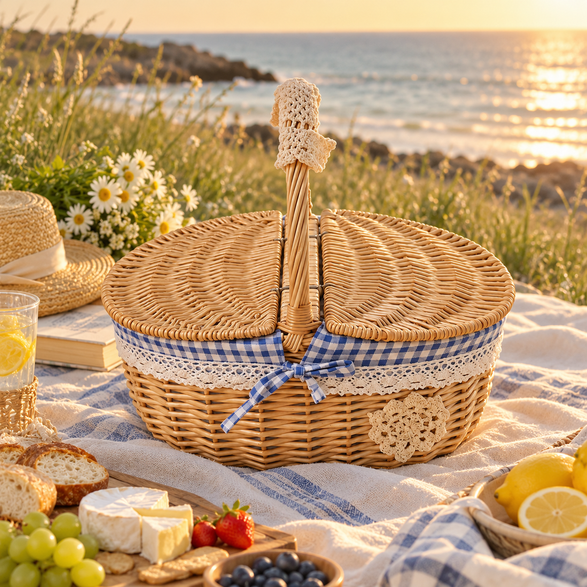 🧺 Picnic Basket | Natural Woven Rattan | Outdoor Dining | Families & Couples | Vintage Cottage Style