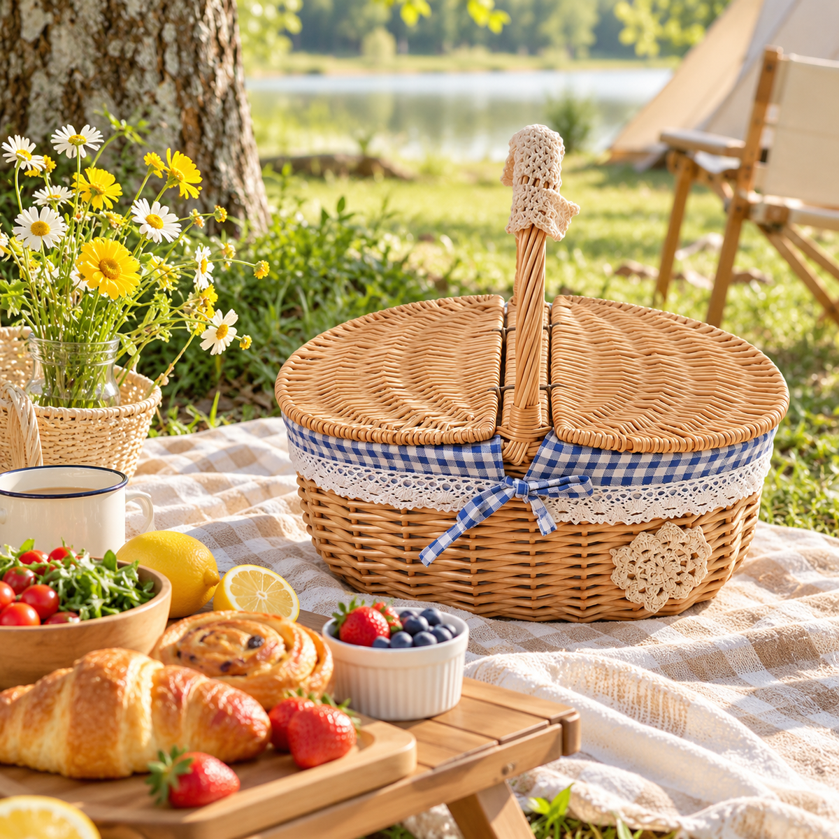 🧺 Picnic Basket | Natural Woven Rattan | Outdoor Dining | Families & Couples | Vintage Cottage Style