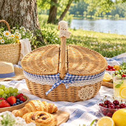 🧺 Picnic Basket | Natural Woven Rattan | Outdoor Dining | Families & Couples | Vintage Cottage Style