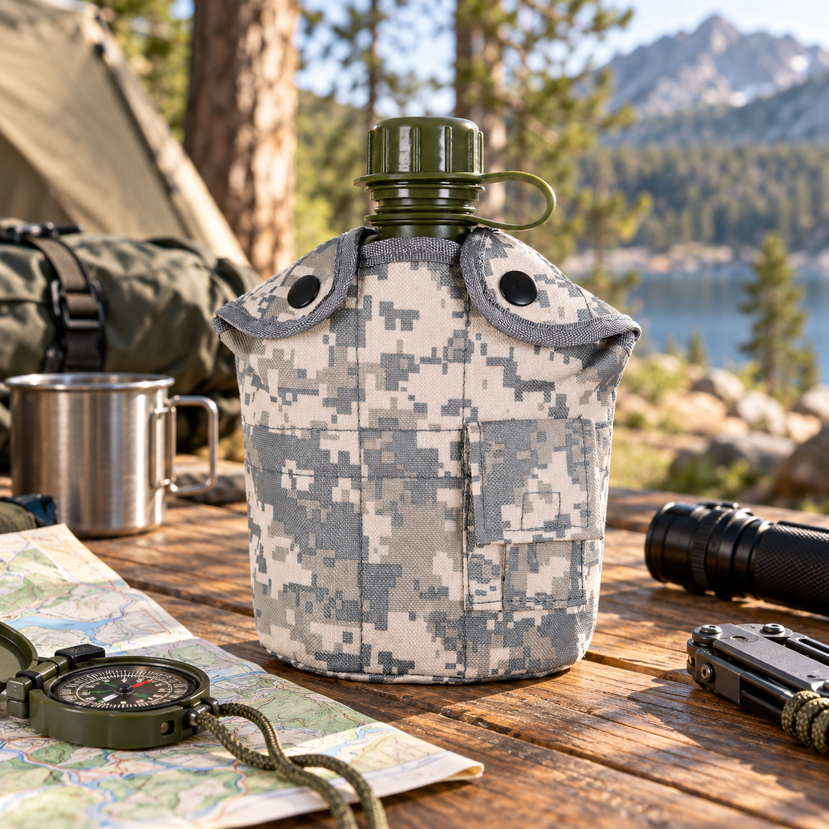 🏕️ Survival Water Bottle | Durable Outdoor Material | Camping Hiking Gear | Adventurers & Explorers | Camouflage Tactical Style