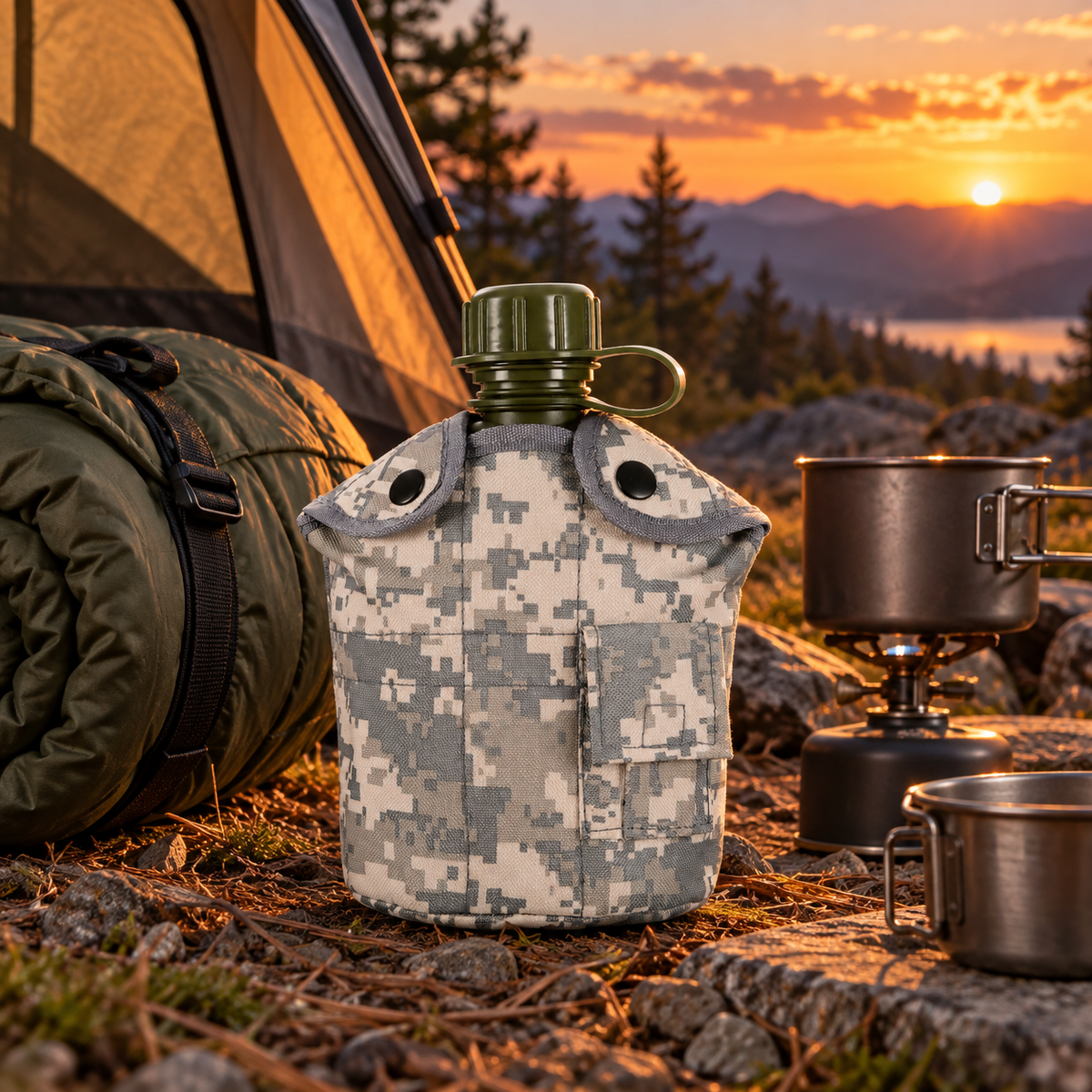 🏕️ Survival Water Bottle | Durable Outdoor Material | Camping Hiking Gear | Adventurers & Explorers | Camouflage Tactical Style
