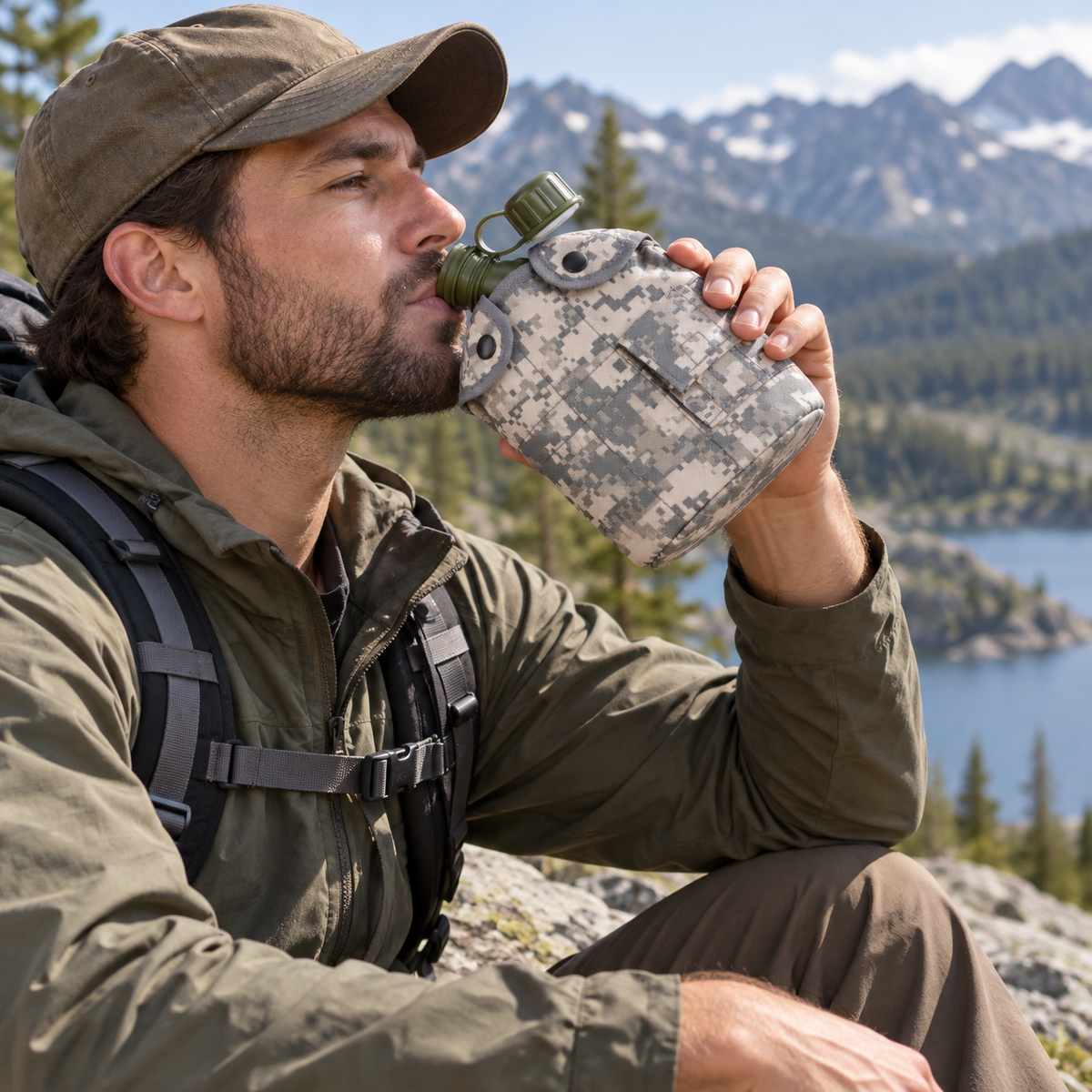🏕️ Survival Water Bottle | Durable Outdoor Material | Camping Hiking Gear | Adventurers & Explorers | Camouflage Tactical Style